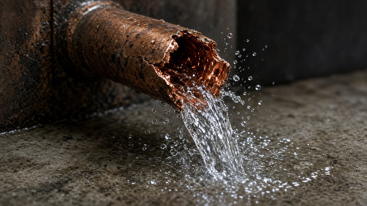 Burst pipe leaking water onto a floor during a plumbing emergency