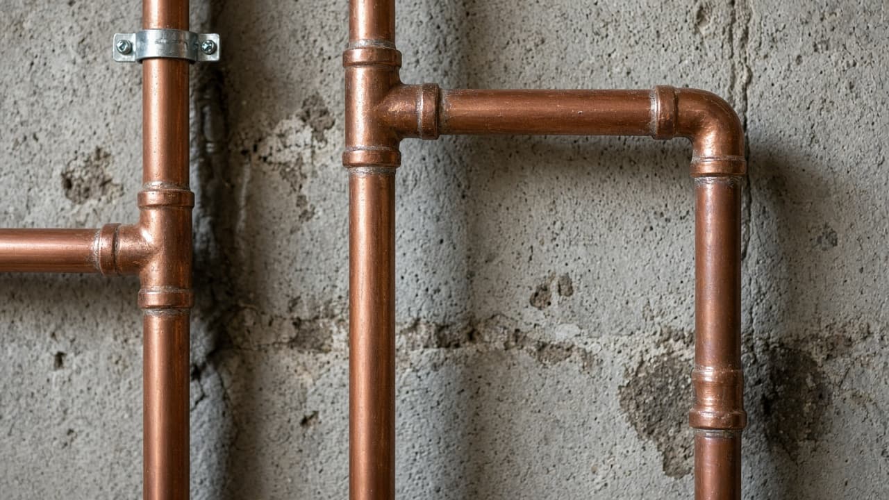Copper plumbing pipes and fittings in a residential setting