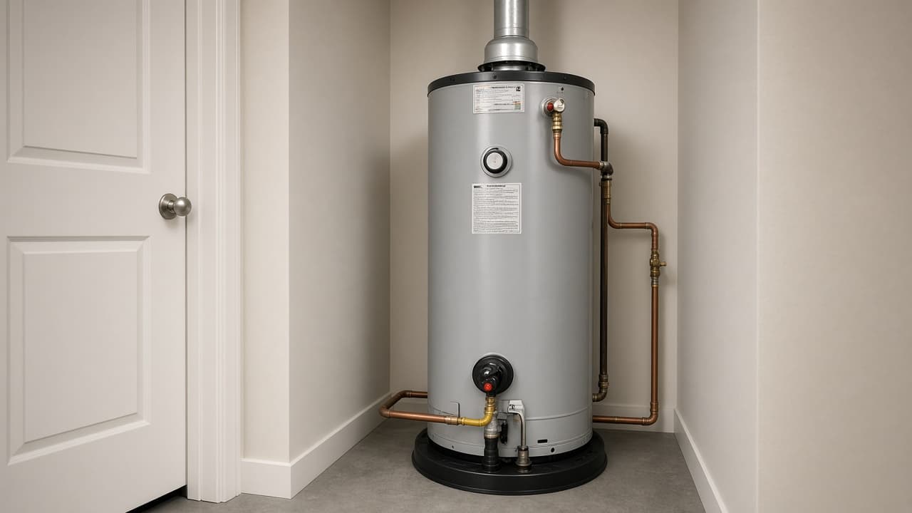 Residential tank water heater in a utility closet